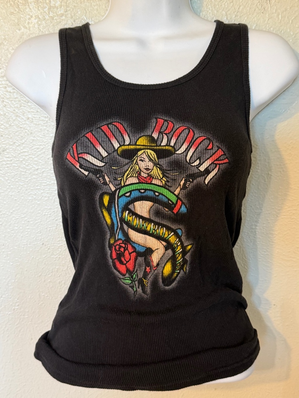 Vintage Y2K Kid Rock "Cowboy" Pinup Girl Graphic Ribbed Black Tank Top Sz L